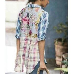 Soft Surroundings Mixed Media Floral Plaid Pattern Button Down Shirt Women's XS